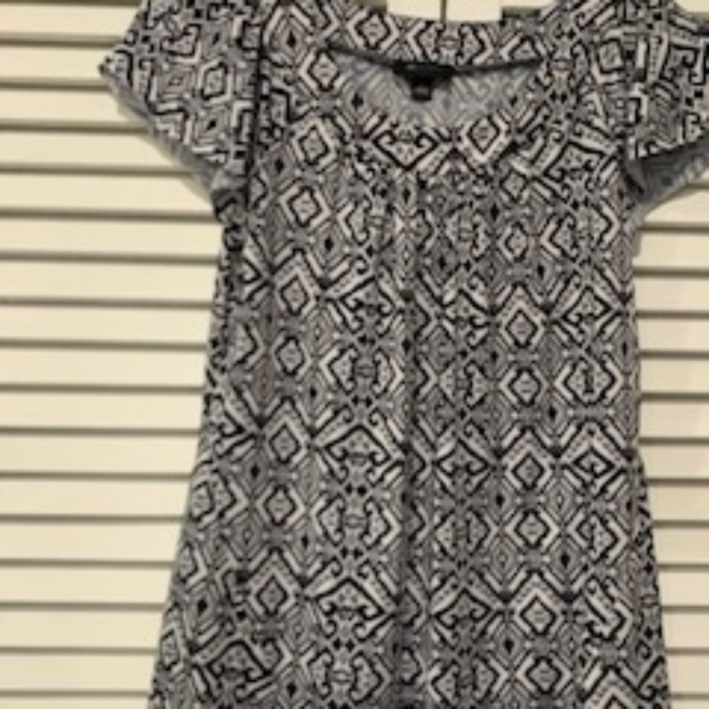 Black and White Print Top, Featuring Short, Ruffled Sleeves,  With Pendant